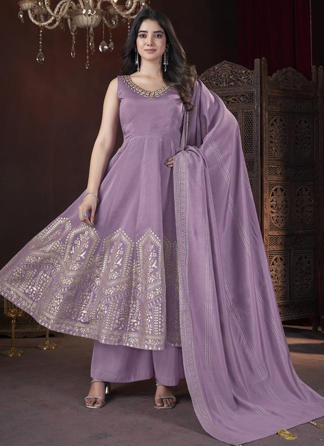 Roman Silk Lilac Festival Wear Foil Print Readymade Anarkali Suit